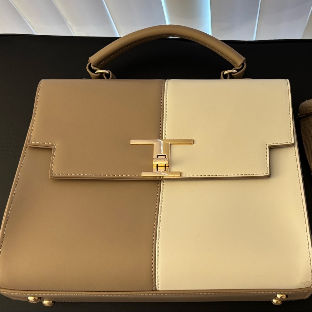 Trina Turk Taupe & Off White Top Handle Satchel Handbag with Detachable Strap - Picture 2 of 16